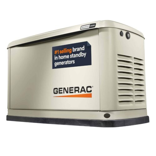 A beige Generac home standby generator with vents and a sign reading "#1 selling brand in home standby generators" on its side.