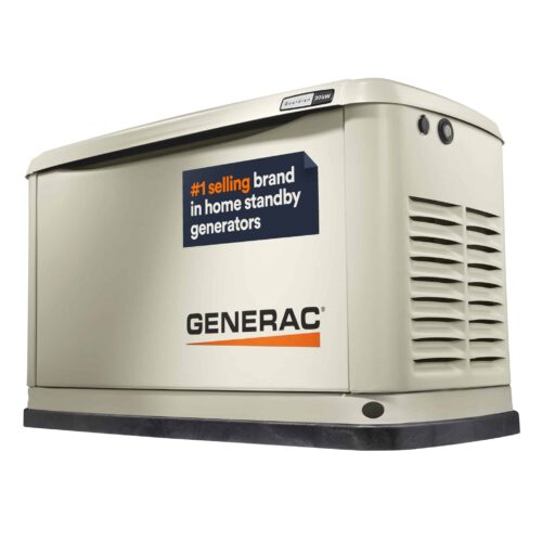 A beige Generac standby generator with a sign reading "#1 selling brand in home standby generators" on its side, and ventilation slots visible on the right.