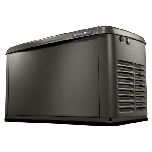 A large, rectangular Honeywell standby generator with a dark gray finish and ventilation grilles on one side, viewed from a low angle against a white background.