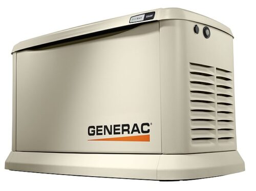 A beige Generac standby generator with ventilation slats on the side and the GENERAC logo on the front, set against a white background.