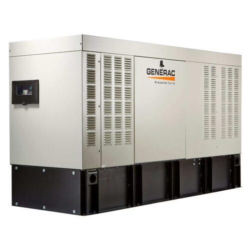 Large beige Generac Protector 48000-Watt Single Fuel Home Standby Generator with ventilation panels on a black base, viewed from an angle against a white background.
