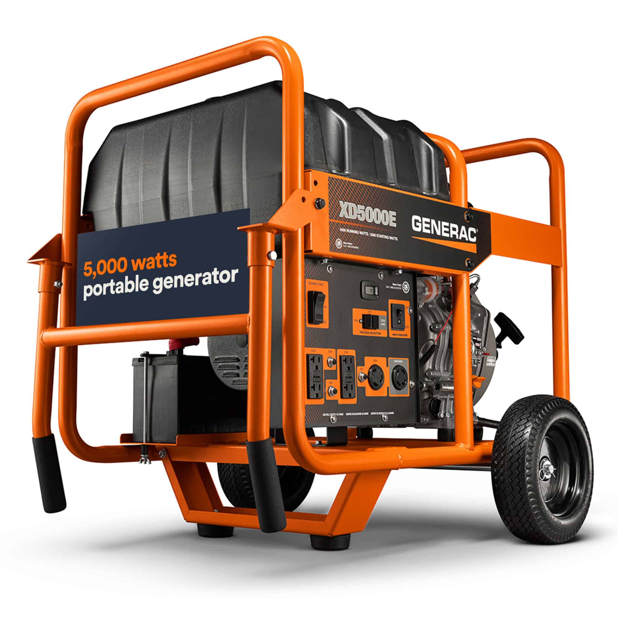 A Generac XD5000E portable generator with large black fuel tank, orange frame, wheels for mobility, and control panel. Text on side reads “5,000 watts portable generator.”.