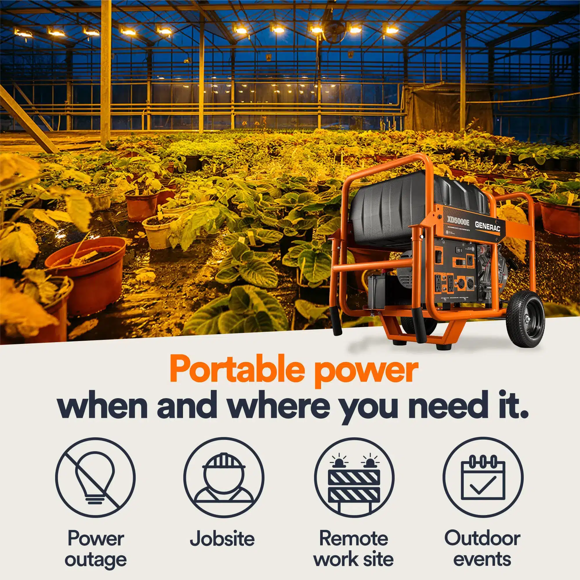 A portable generator is shown in front of a greenhouse with many plants. Text reads: “Portable power when and where you need it.” Icons below highlight uses: power outage, jobsite, remote work site, and outdoor events.