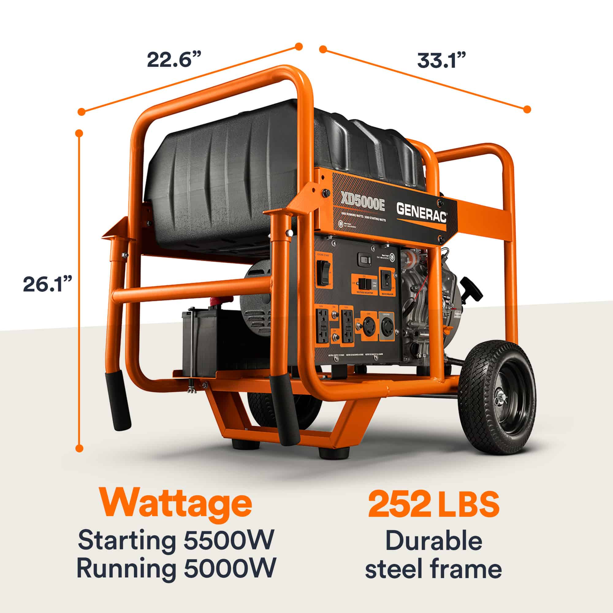 An orange Generac XD5000E portable generator with a steel frame, large wheels, and labeled dimensions: 22.6" wide, 33.1" long, and 26.1" high. Text highlights 5500W starting, 5000W running, and 252 lbs weight.