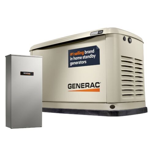 A beige Generac home standby generator and a grey power transfer switch are shown side by side. The generator has a label that reads “#1 selling brand in home standby generators.”.