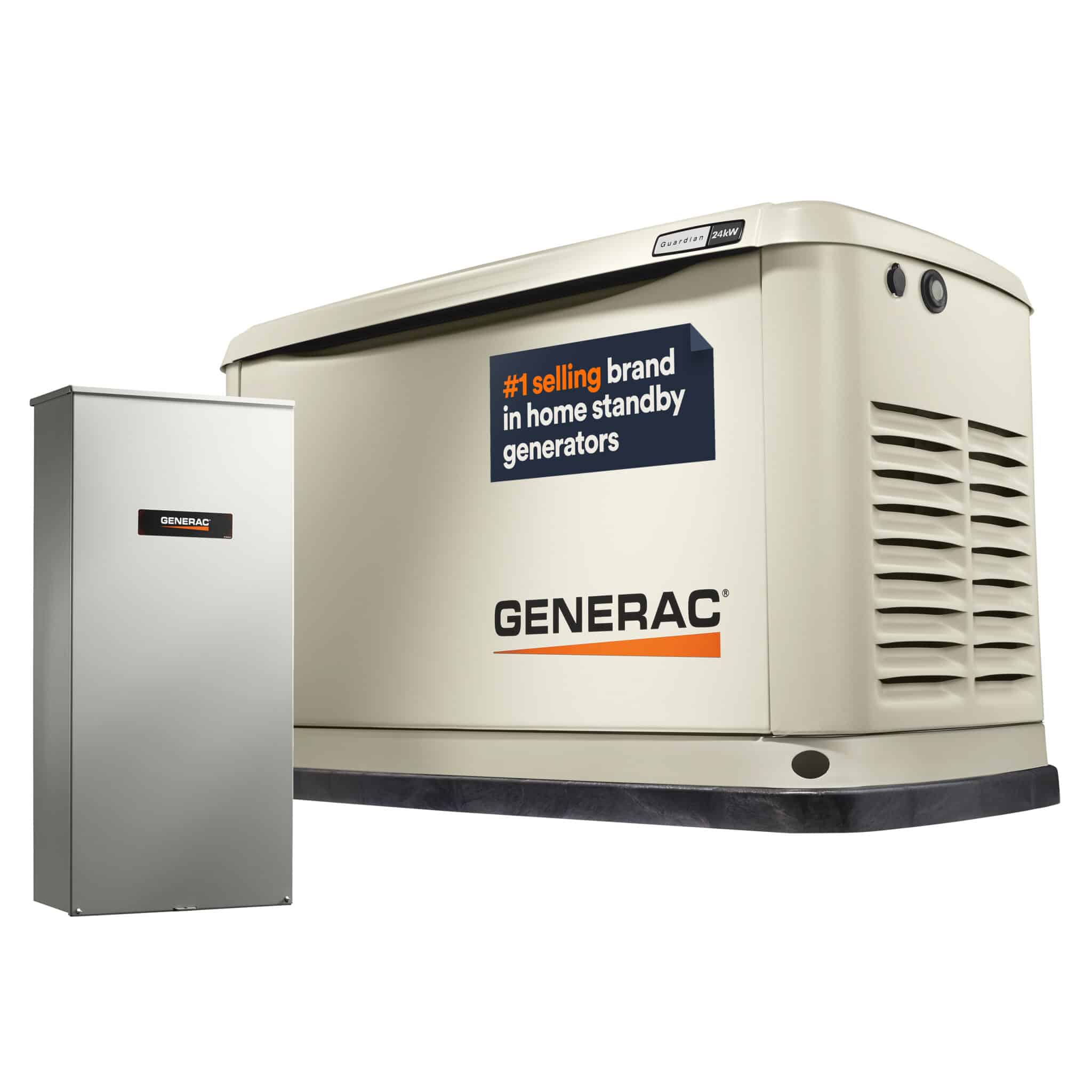 A beige Generac home standby generator sits next to a silver electrical panel. The generator displays a sign reading "#1 selling brand in home standby generators.