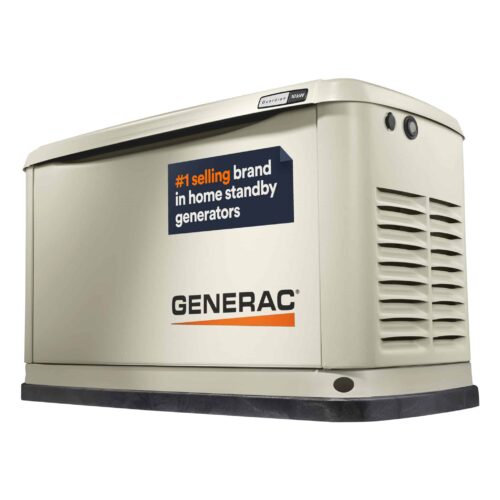 A beige Generac home standby generator with a sign reading "#1 selling brand in home standby generators" on its side. The generator has ventilation grilles and a black base.