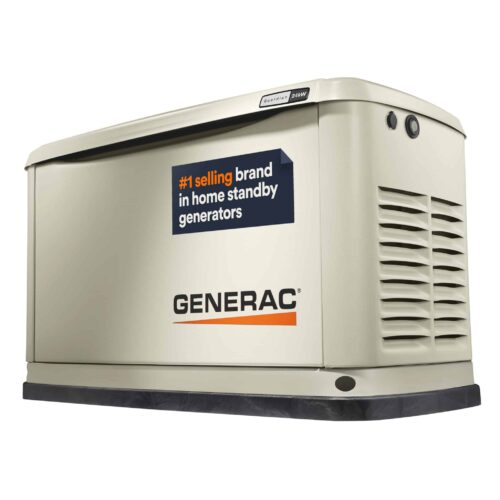 A beige Generac home standby generator with vents, a black base, and a label reading "#1 selling brand in home standby generators" on the side.