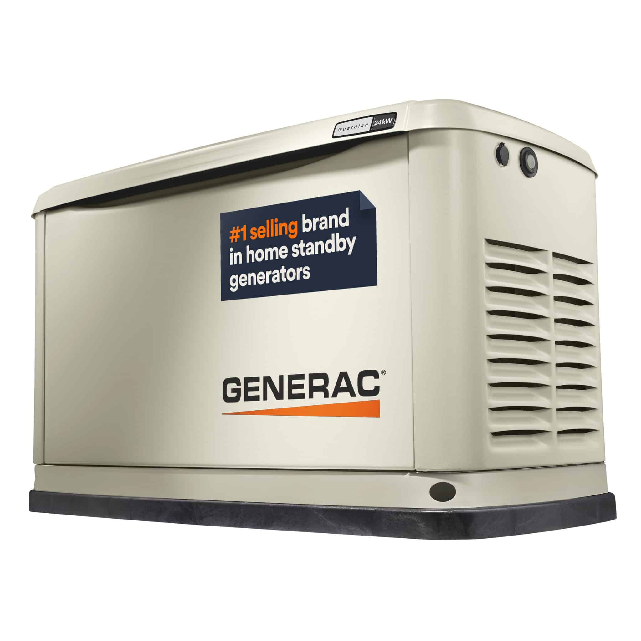 A beige Generac home standby generator with vents, a black base, and a label reading "#1 selling brand in home standby generators" on the side.