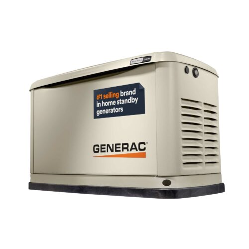 A beige Generac home standby generator with vents on the side and a sign reading “#1 selling brand in home standby generators” on the front. The unit sits on a black platform against a white background.