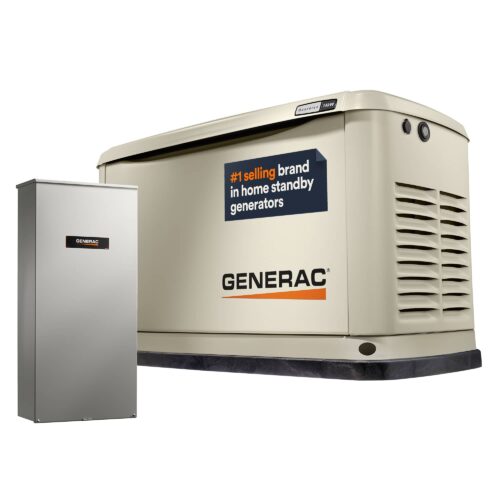 A beige Generac home standby generator with a metal transfer switch box beside it. The generator has a label stating "#1 selling brand in home standby generators.