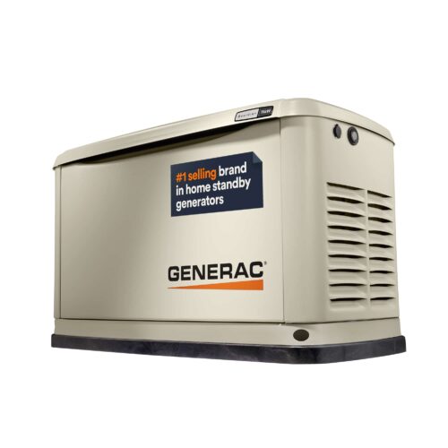 A beige Generac home standby generator with a sticker reading "#1 selling brand in home standby generators" on its side, shown on a white background.