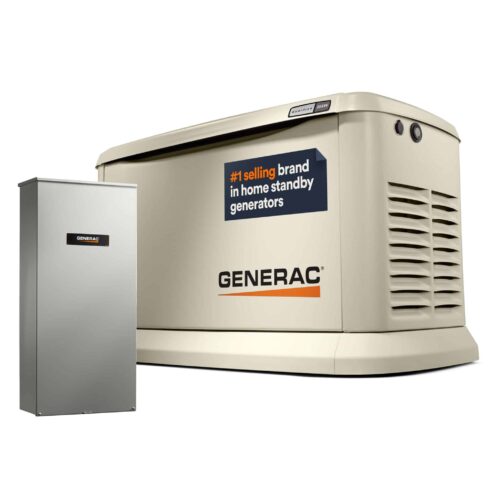 A beige Generac home standby generator is shown with a matching silver transfer switch. The generator displays a label stating "#1 selling brand in home standby generators.