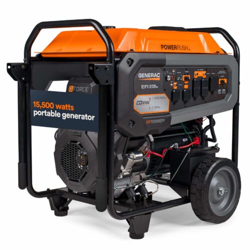 A Generac portable generator with an orange top and black frame, displaying "15,500 watts portable generator" on a side panel. It has multiple outlets and large wheels for mobility.