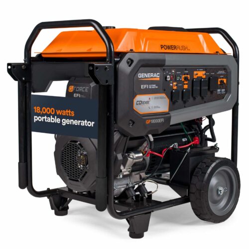 A Generac GP18000EFI portable generator with an orange and black design, large wheels, and a handle. A label on the front reads "18,000 watts portable generator." Various control panels and outlets are visible.