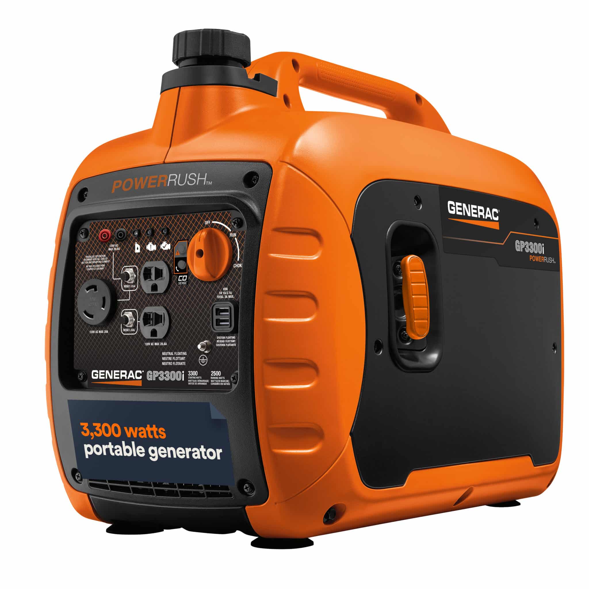 An orange and black Generac GP3300i portable generator with various outlets, a handle on top, and "3,300 watts portable generator" written on the front panel.