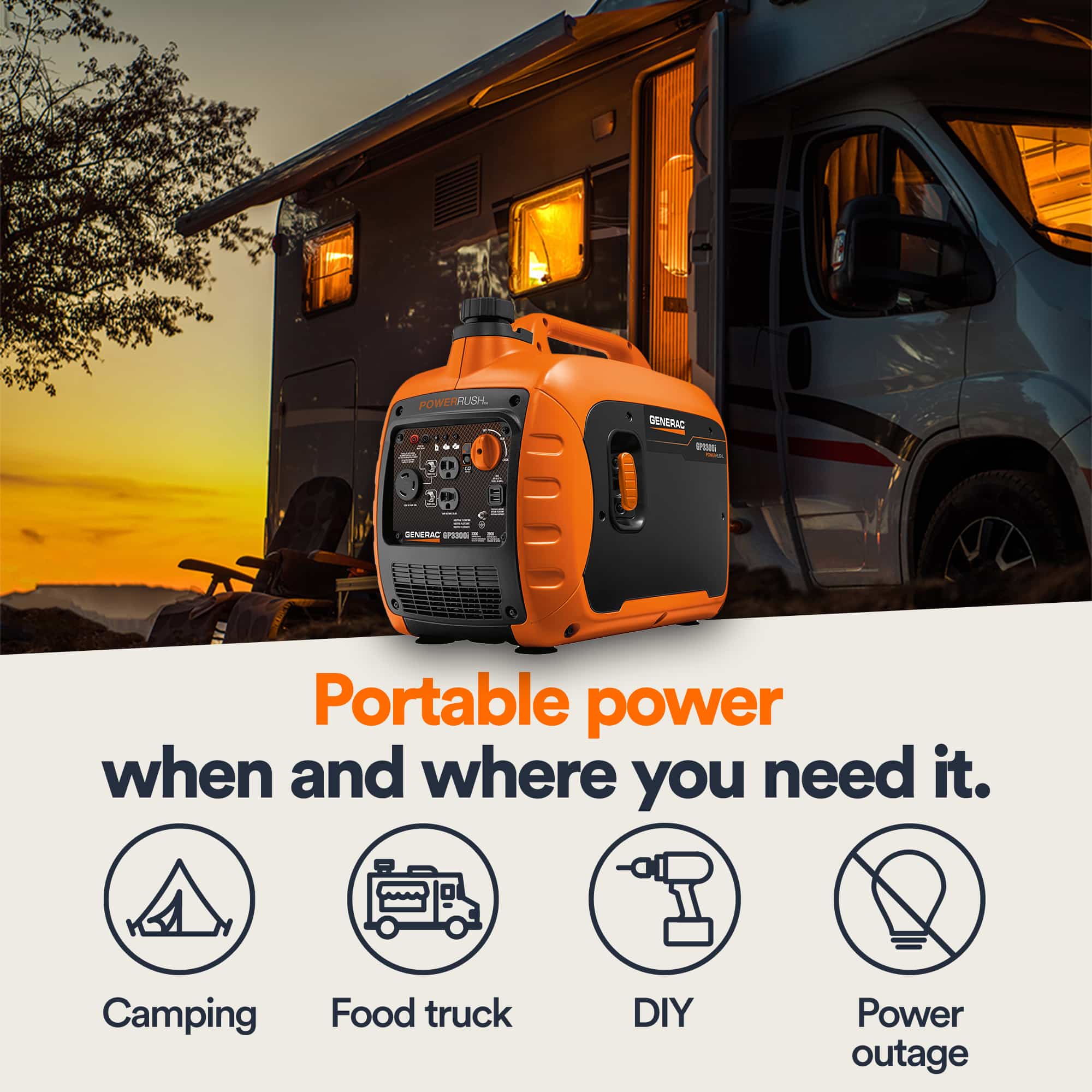 An orange portable generator sits outside a camper van at sunset. Text reads "Portable power when and where you need it," with icons for camping, food truck, DIY, and power outage uses.