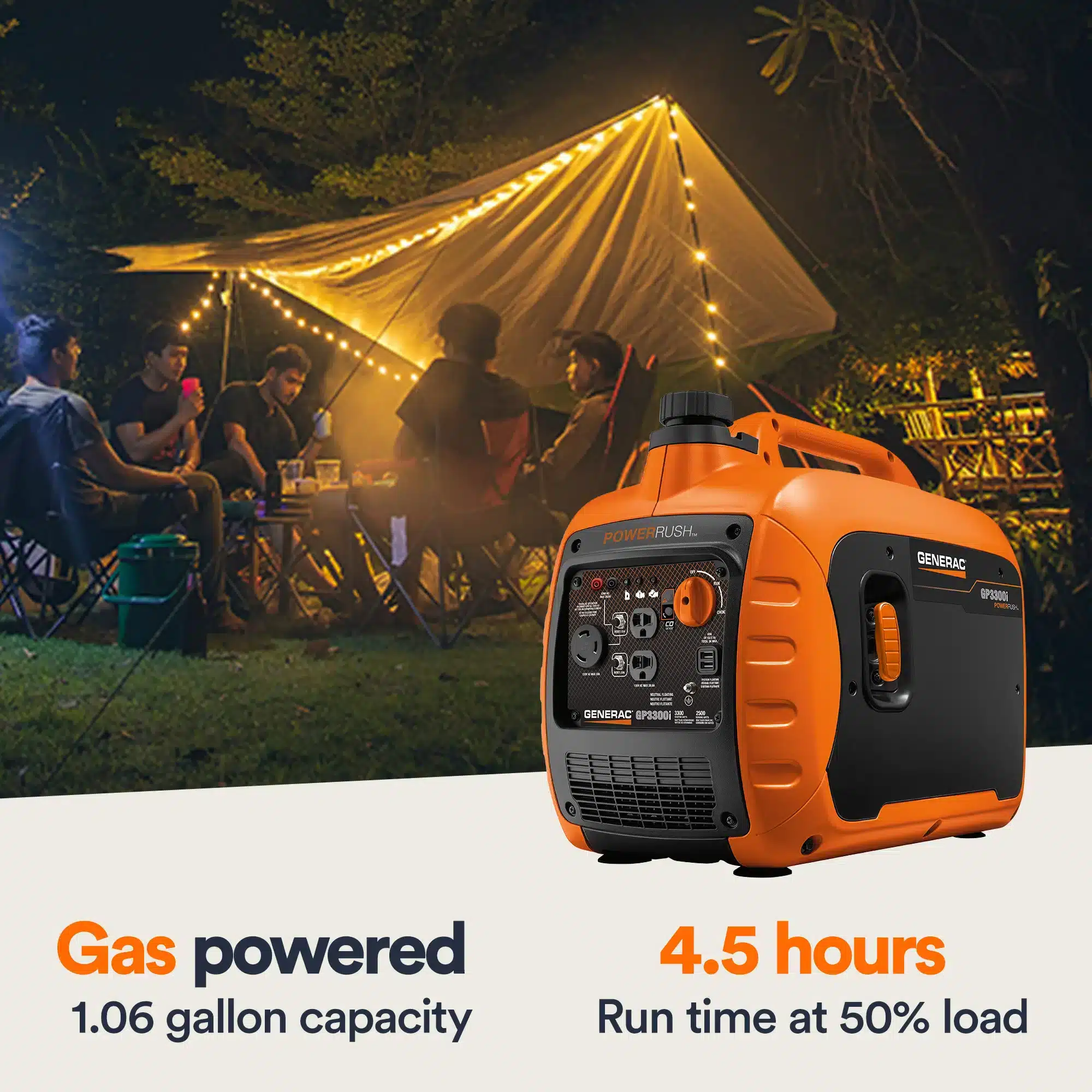 Outdoor nighttime scene with people sitting under a canopy lit by string lights, next to an orange gas-powered generator. Text highlights: "Gas powered, 1.06 gallon capacity, 4.5 hours run time at 50% load.