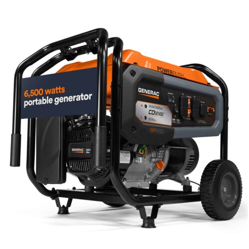 A black and orange Generac portable generator with wheels, labeled "6,500 watts portable generator," featuring various switches and outlets on the side panel.