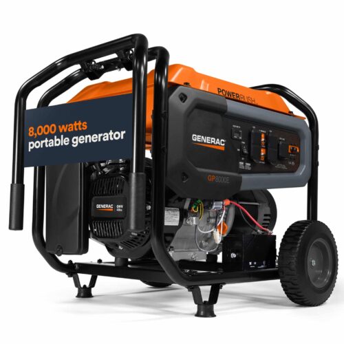 A black and orange Generac portable generator on wheels, labeled “8,000 watts portable generator,” with visible control panel and handles for easy transport.