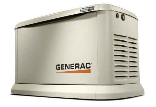 A beige Generac standby generator with a vented side panel and the Generac logo on the front, designed for home or business backup power.