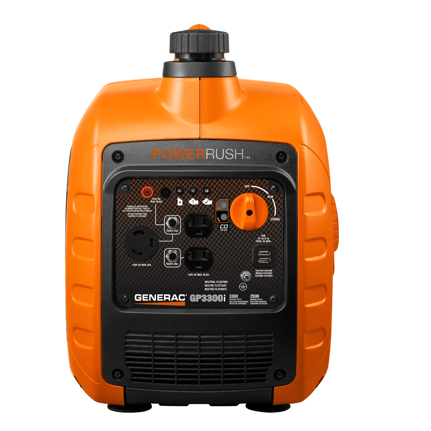 An orange Generac GP3300i portable generator showing its front control panel with multiple outlets, switches, and indicator lights. The generator is compact and designed for easy transport.