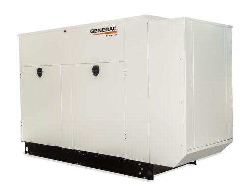 A large, white Generac industrial generator with a black base, featuring the Generac logo and two black handles on its front panel.