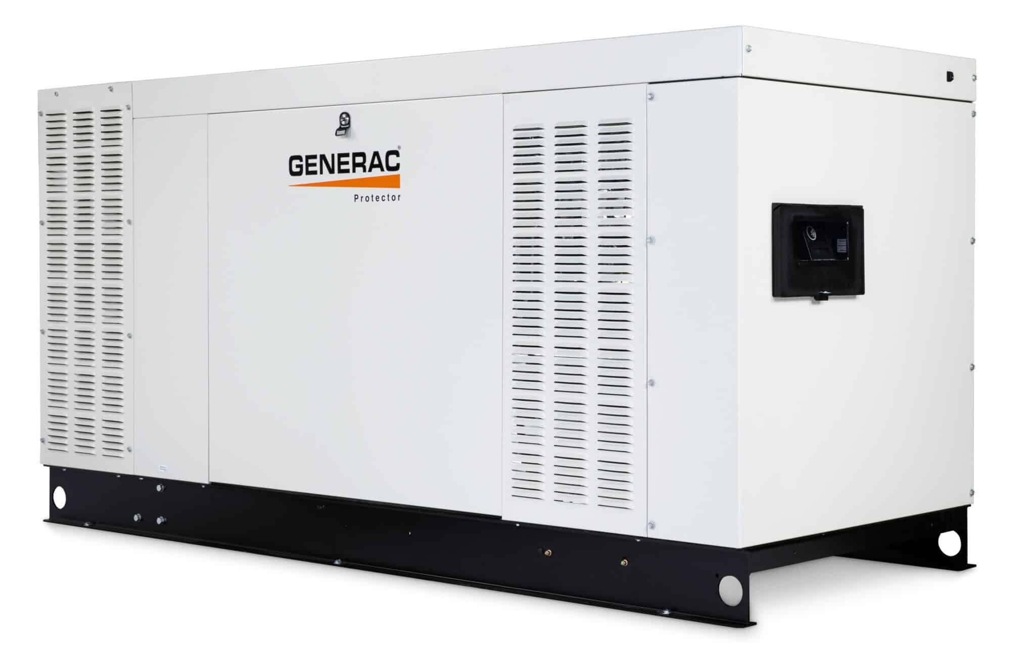 A large, white Generac Protector generator with ventilation panels and a black base, designed for backup power supply, shown isolated on a white background.