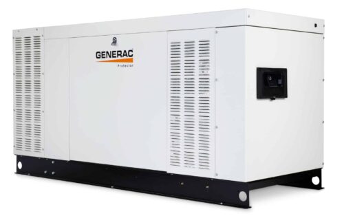A large white Generac Protector generator with ventilation panels and a black base, designed for backup power supply.