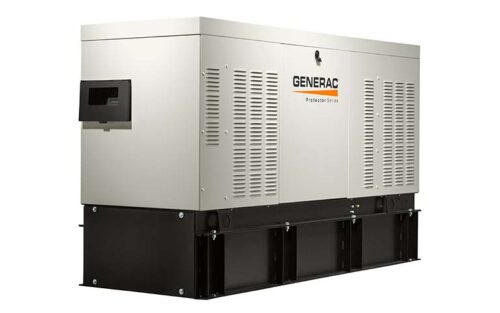 A large, white Generac Protector Series backup generator with vented panels, a display panel on the left side, and a black base, shown against a plain white background.