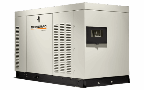 A white Generac Protector-series standby generator with ventilation grilles, control panel, and the Generac logo on the side, designed for backup power supply.