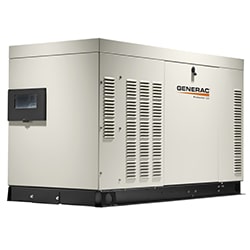 A beige Generac industrial generator with ventilation panels and a control screen on the side, placed on a black base.