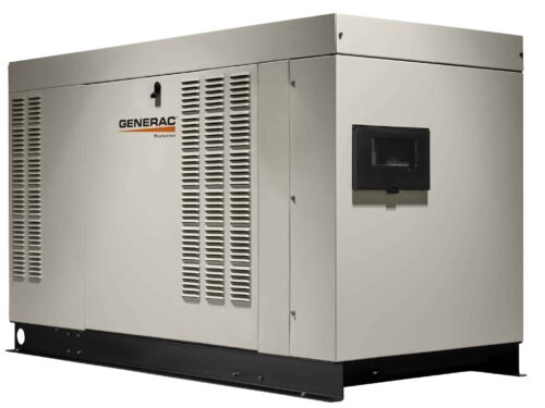 A large, beige Generac backup generator with ventilation panels and a black base, designed for standby power supply. The unit is labeled "Generac Protector" on the front.
